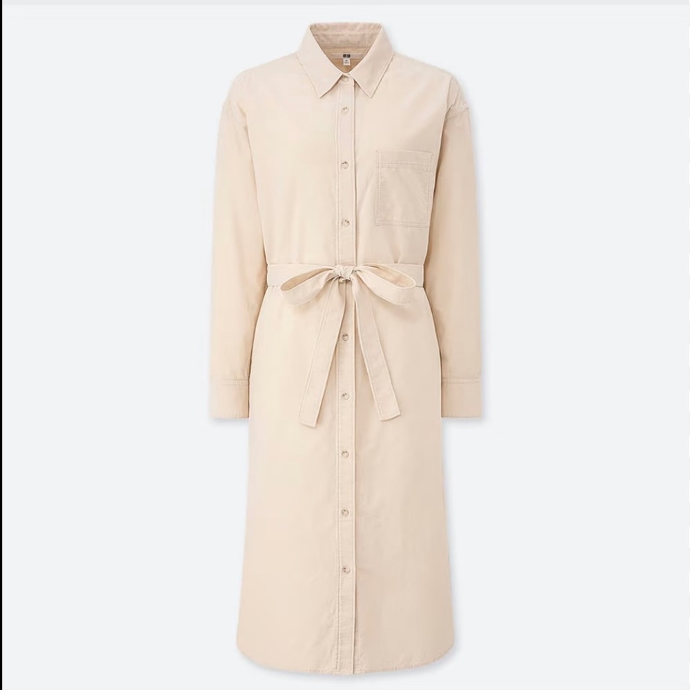 Uniqlo S Corduroy Long Sleeve Midi Shirt Dress. Ivory, Belted